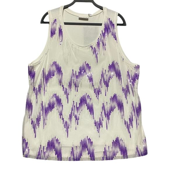 Renee Greenstein Attitudes Sleeveless Top Women's Size 2X White w/Purple Sequins - Picture 1 of 6